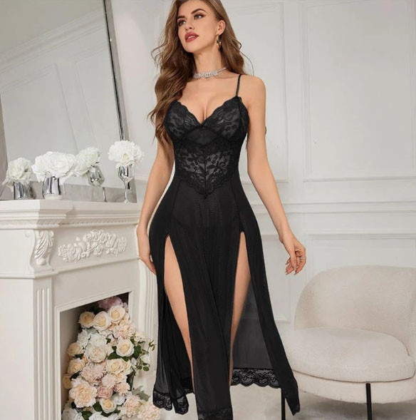 Elegant Sheer Maxi Nightwear Long Lace Night Gown for Women