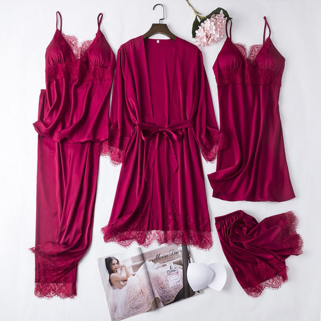 Satin Lace Design Five Piece Night Dress for Women